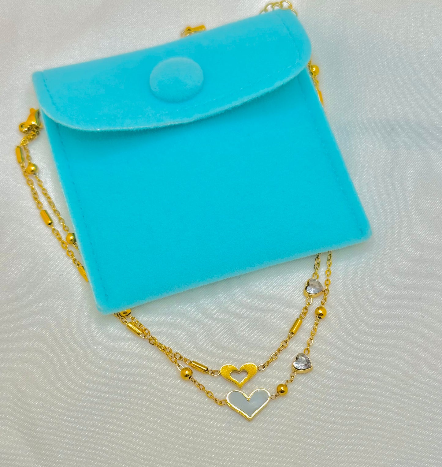18K Gold Women’s Anklet with Pearl Heart and Zircon Diamonds