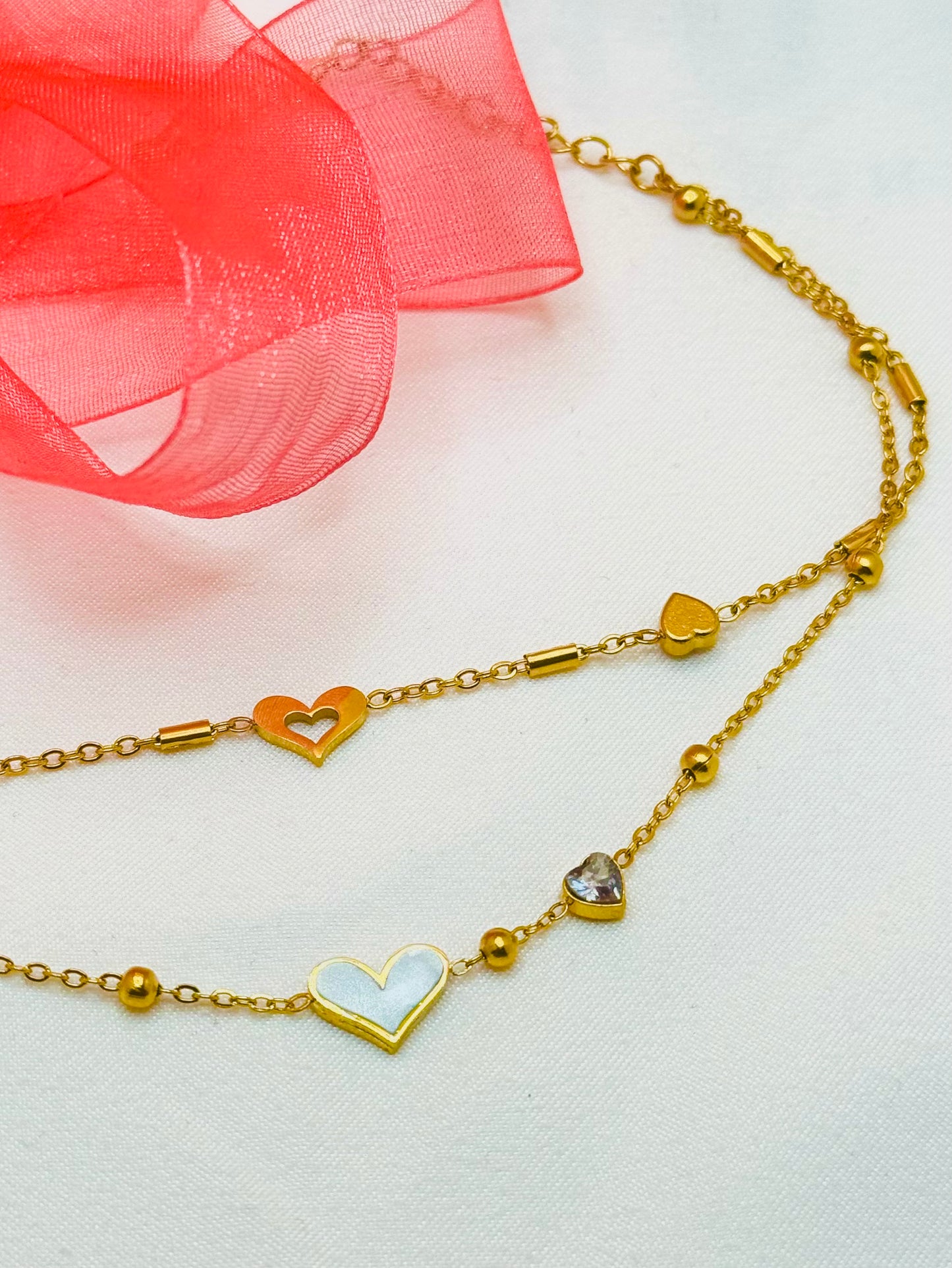 18K Gold Women’s Anklet with Pearl Heart and Zircon Diamonds