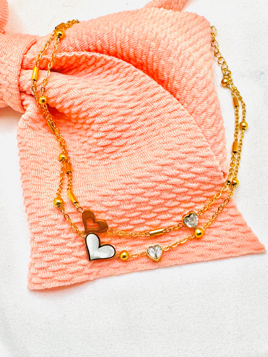 18K Gold Women’s Anklet with Pearl Heart and Zircon Diamonds